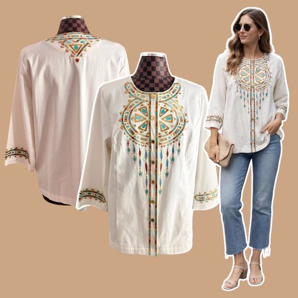 Bob Mackie Aztec Jacket Womens Large White Embroidered Blouse Southwestern Boho